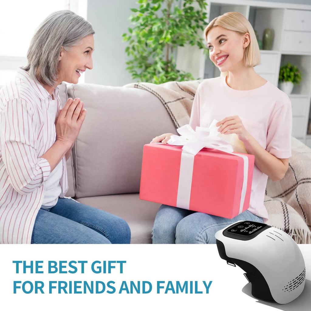 White wearable electric knee massager with straps, showing controls for kneading, heat, and vibration therapy.
