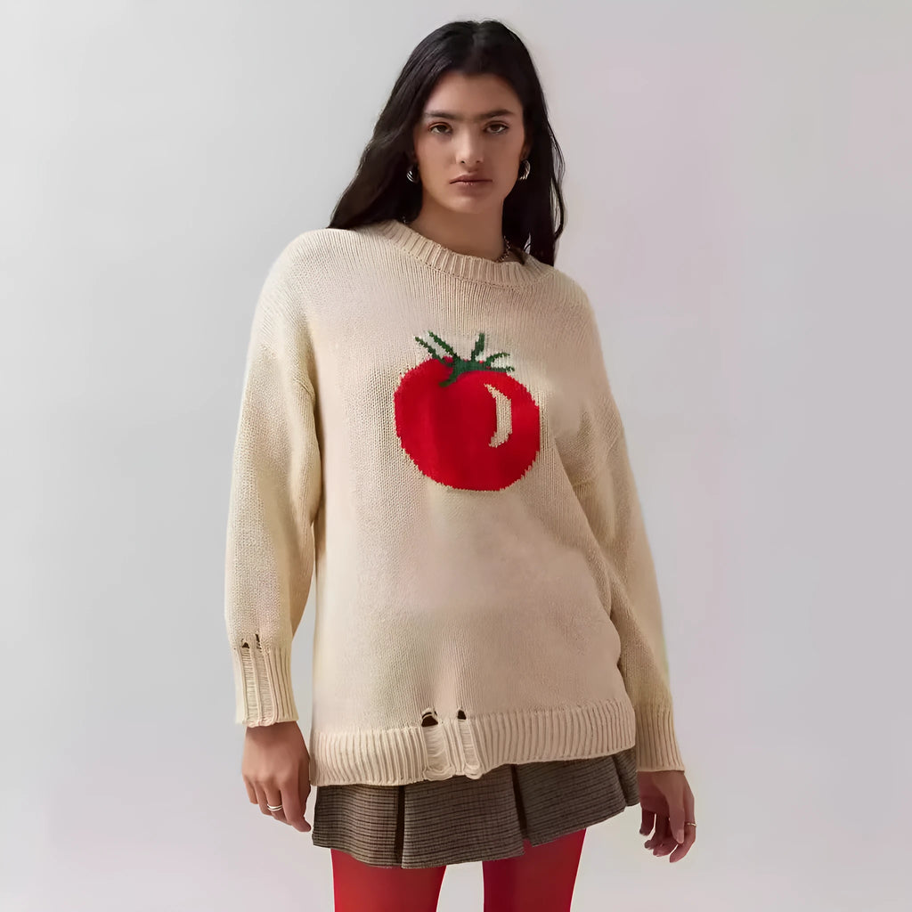Women's loose-fitting round neck acrylic sweater with jacquard knit texture in a beige colour.