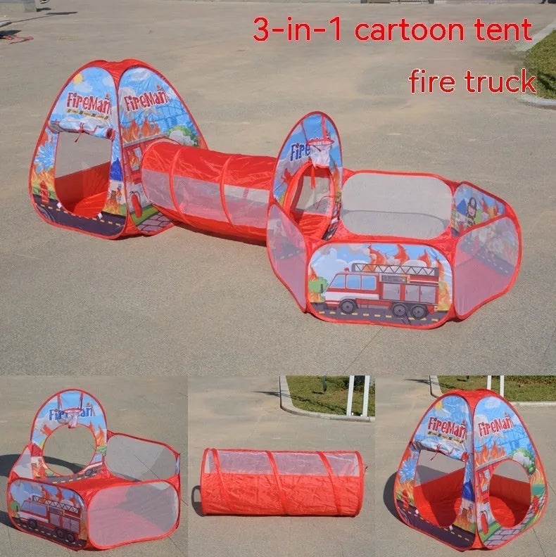 Three-in-one children's cloth tent set with ball pool and tunnel in cartoon submarine theme