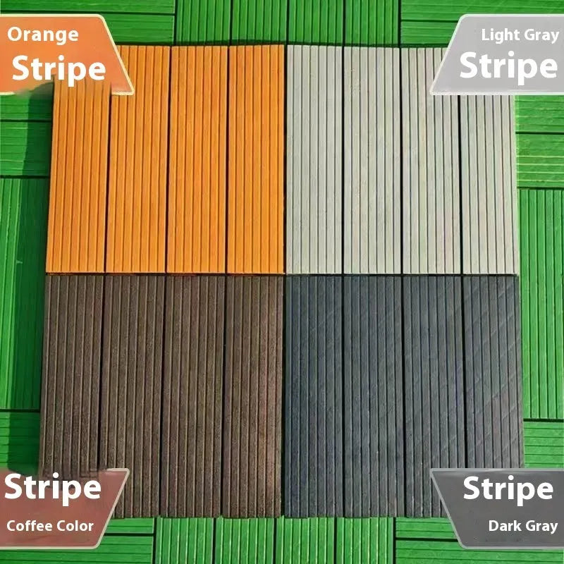 Ten wood grain finish plastic interlocking floor tiles showing their 300x300mm size and non-slip surface.