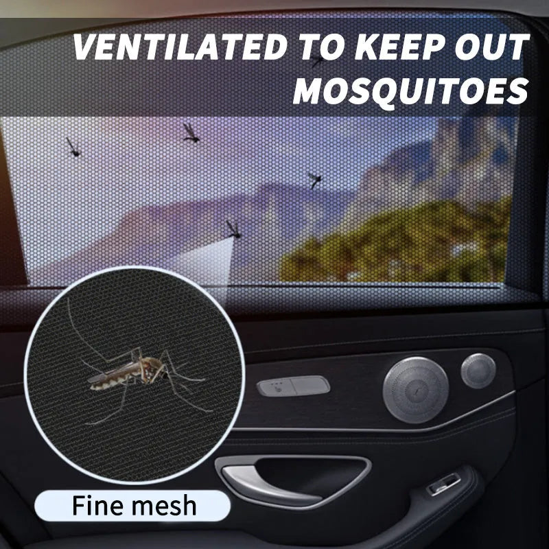Set of four grey non-woven fabric mesh car side window sunshades with elastic edges.