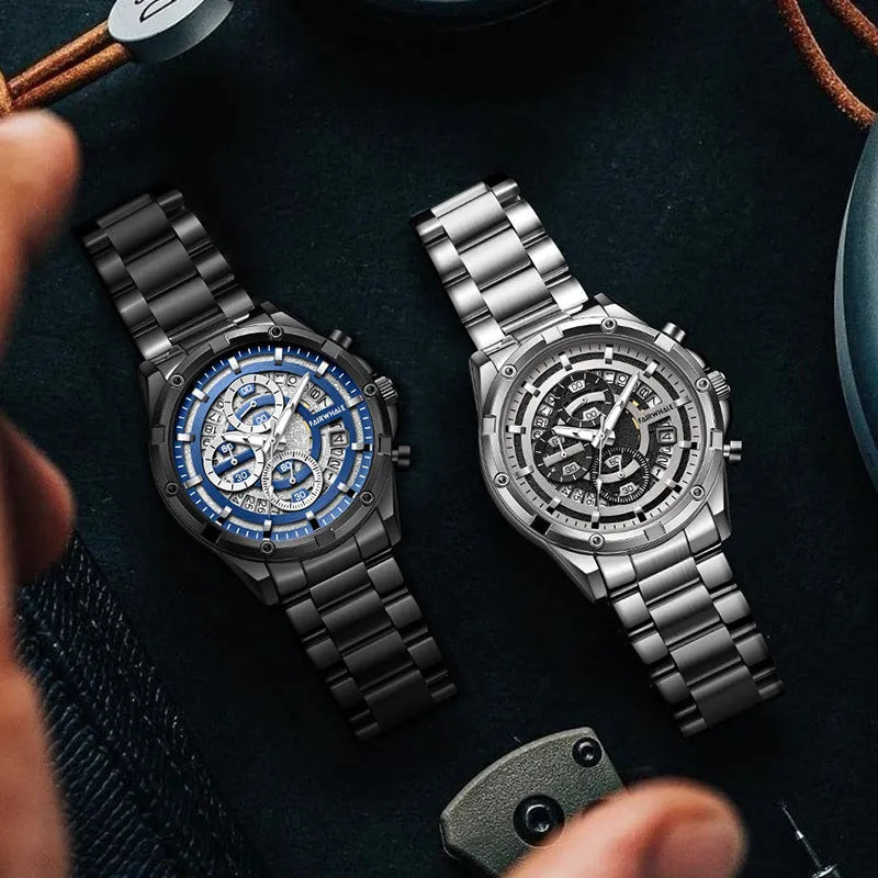 Men's waterproof luminous watch with steel belt in black and blue colour variant.