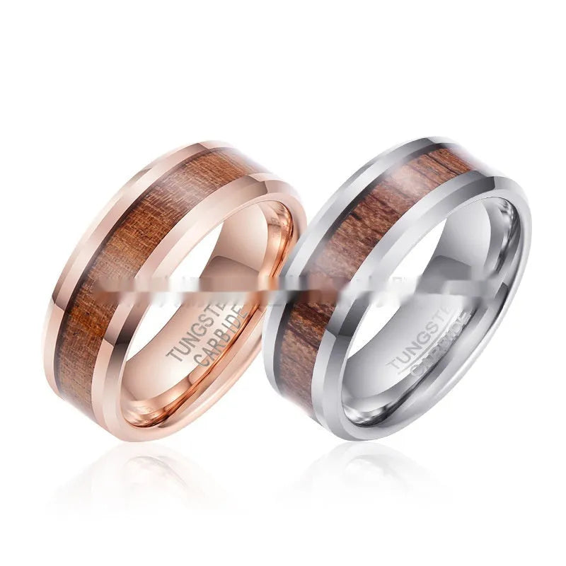 Men's 8mm wide U-shaped tungsten ring in rose gold finish on a grey background.