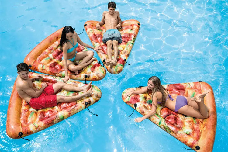 Pizza themed inflatable surfboard recliner floating on water with dimensions 175cm x 145cm
