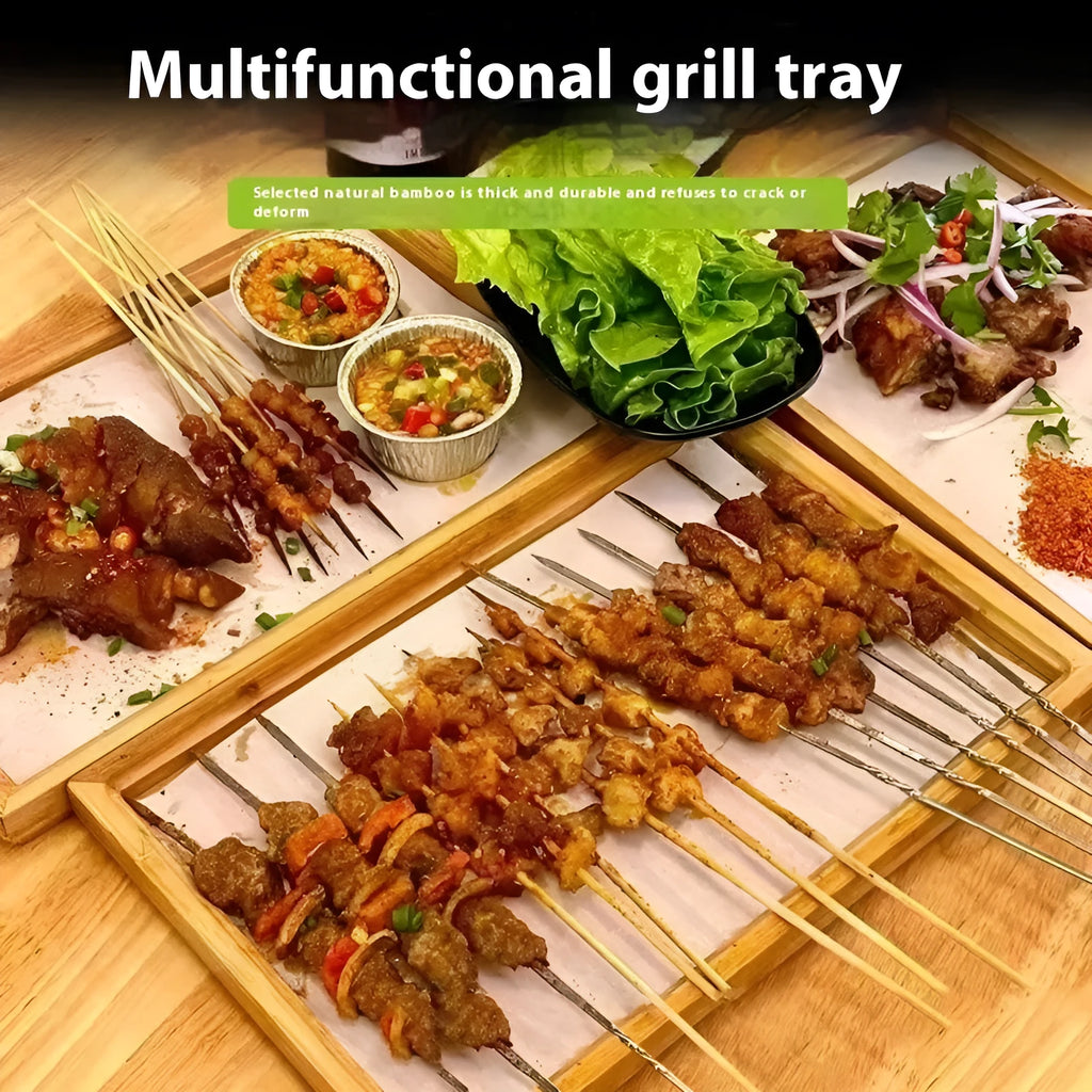 Square bamboo barbecue serving tray with brown handle in medium and small sizes
