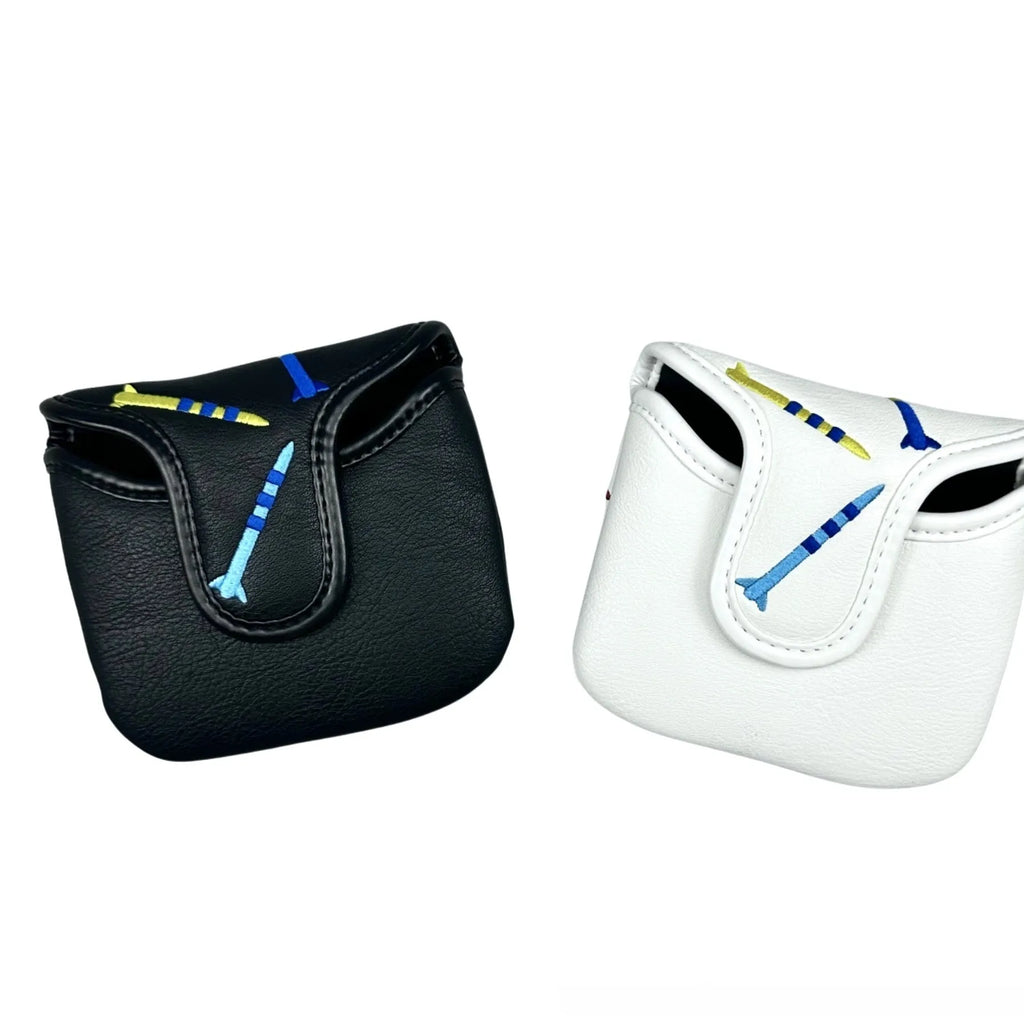 Black golf putter protective sleeve with white rocket pattern designed for square club heads.