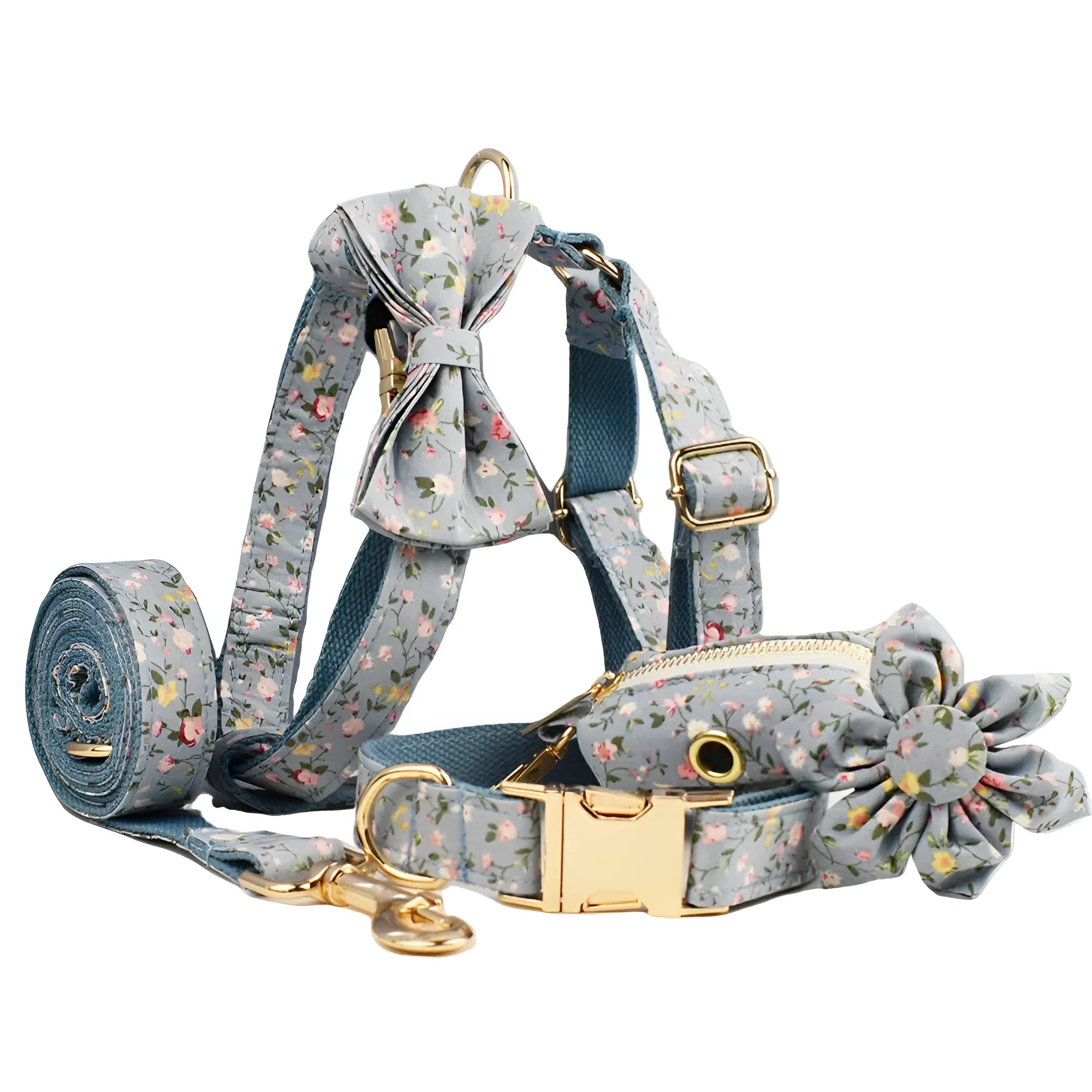 Blue floral polyester cotton dog collar set with leash, bow, vest and poop bag accessories
