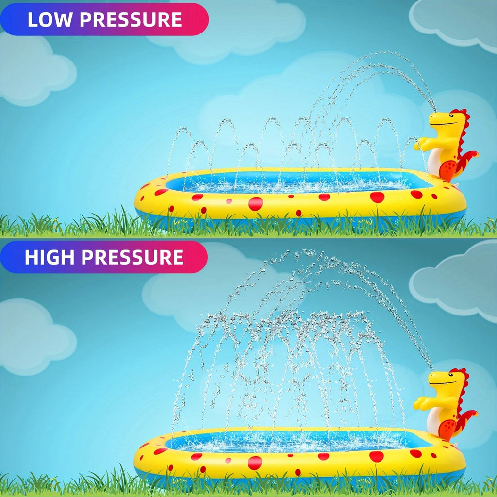 Blue inflatable dinosaur water spray pool with spray toys measuring 170cm long for outdoor play