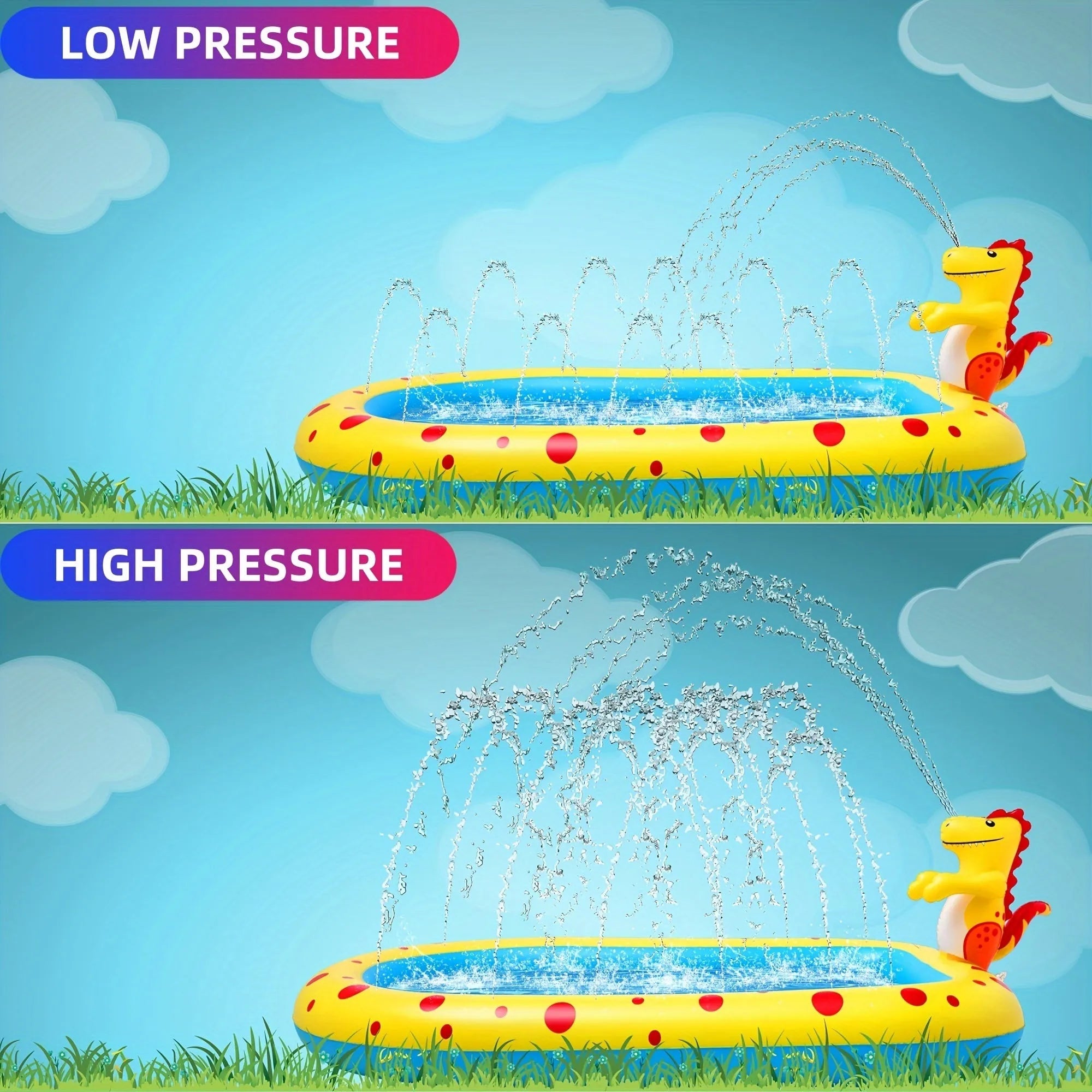 Blue inflatable dinosaur water spray pool with spray toys measuring 170cm long for outdoor play