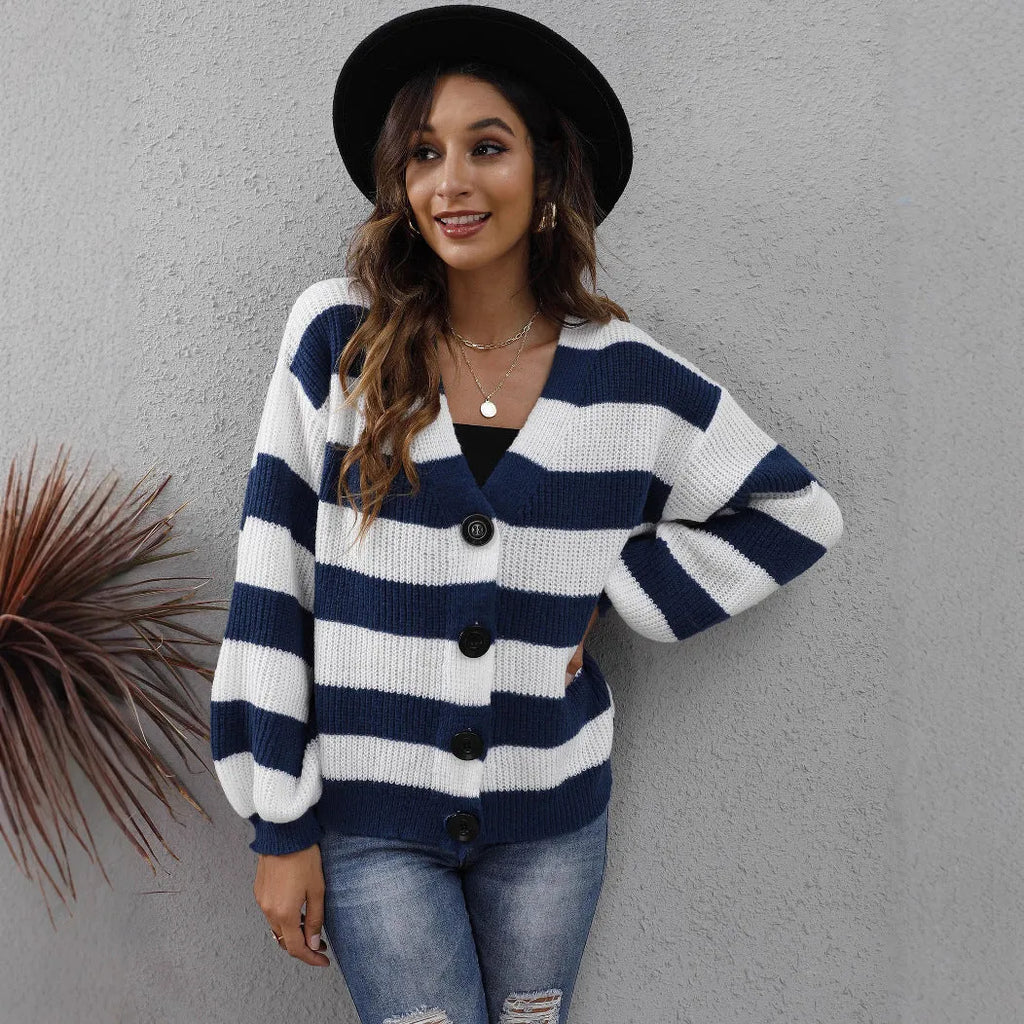 Women's striped cardigan with button front in deer plush fabric, shown in available colours