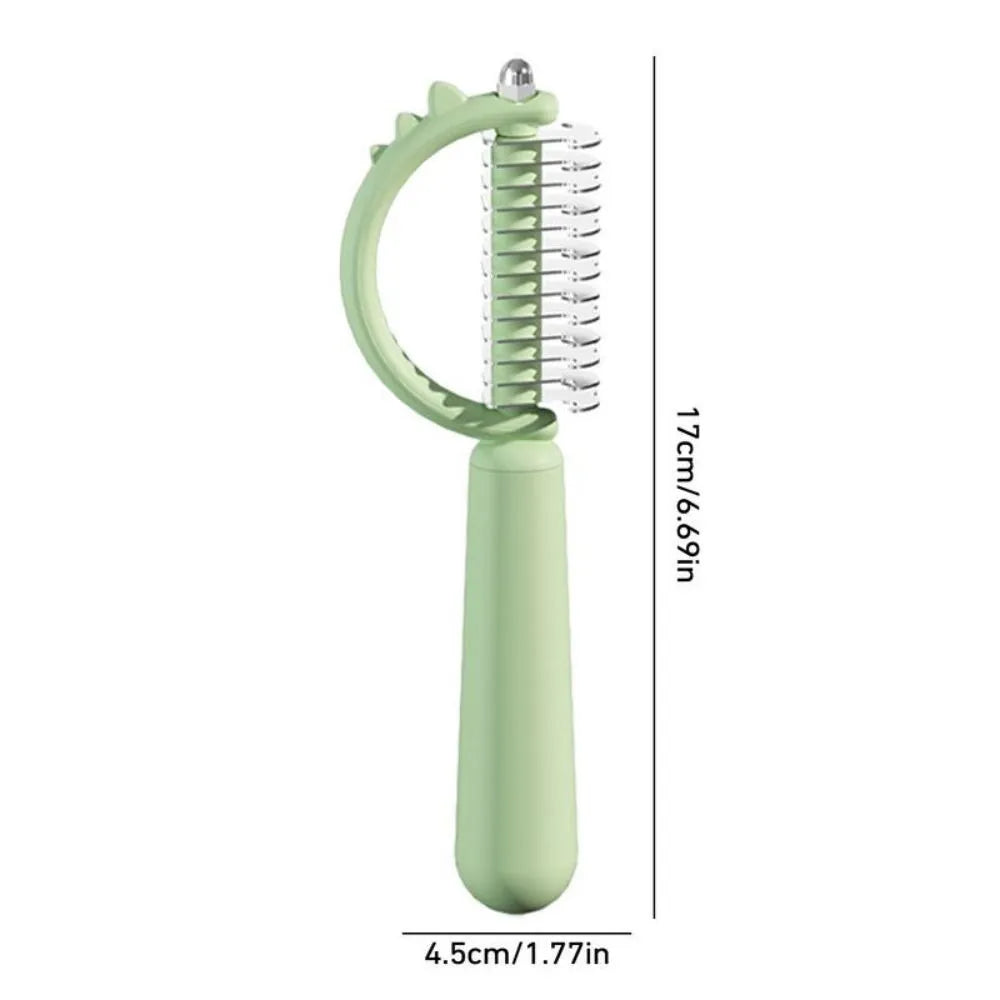 Blue dinosaur-shaped cat brush with stainless steel pins for self-cleaning grooming and dematting