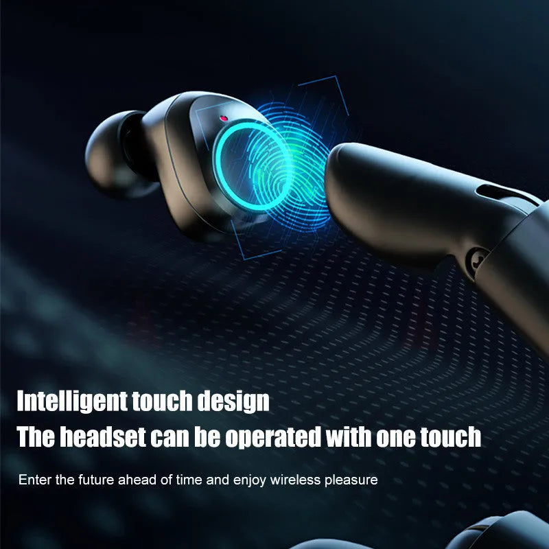 Black Bluetooth wireless gaming headset with charging case and USB cable