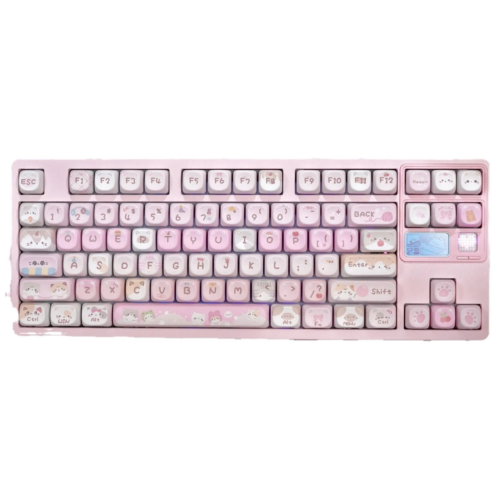 MOA Height Full Five-sided Sublimation Key Caps in pink with cartoon artwork on mechanical keyboard