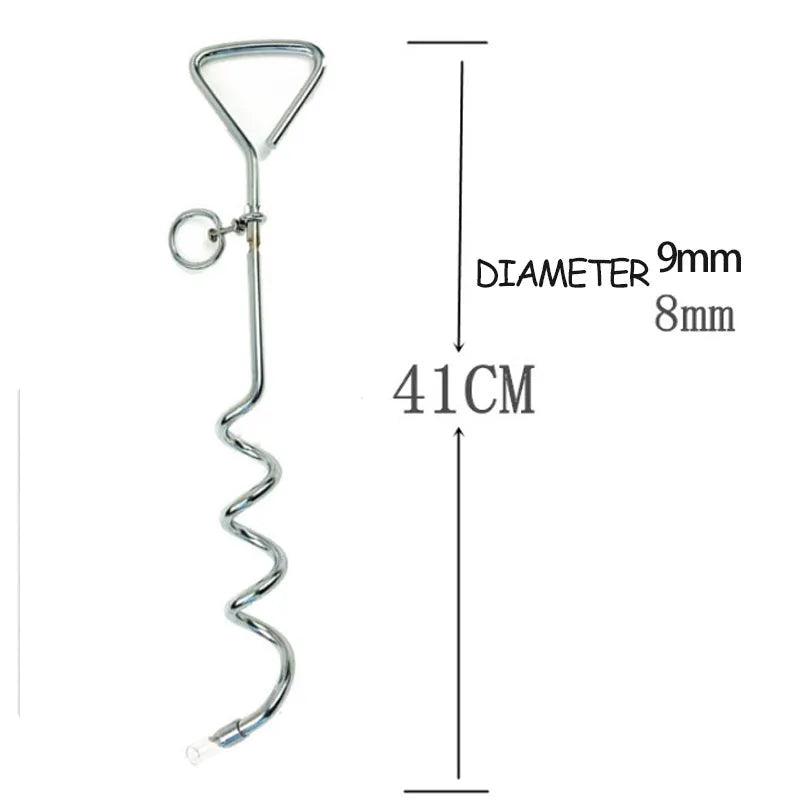 Silver spiral dog tie-out stake for outdoor tethering in sandy ground