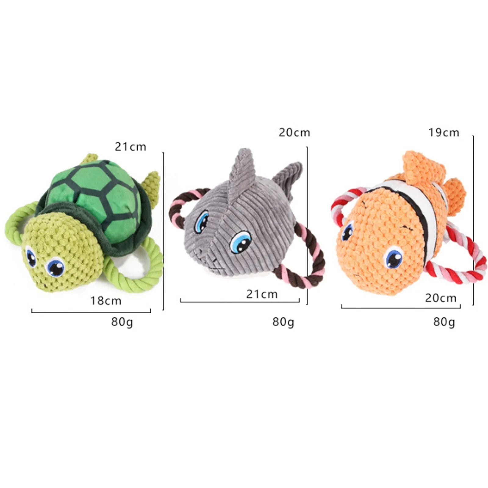 Grey turtle-shaped knot toy for dogs with a built-in squeaker on a plain background