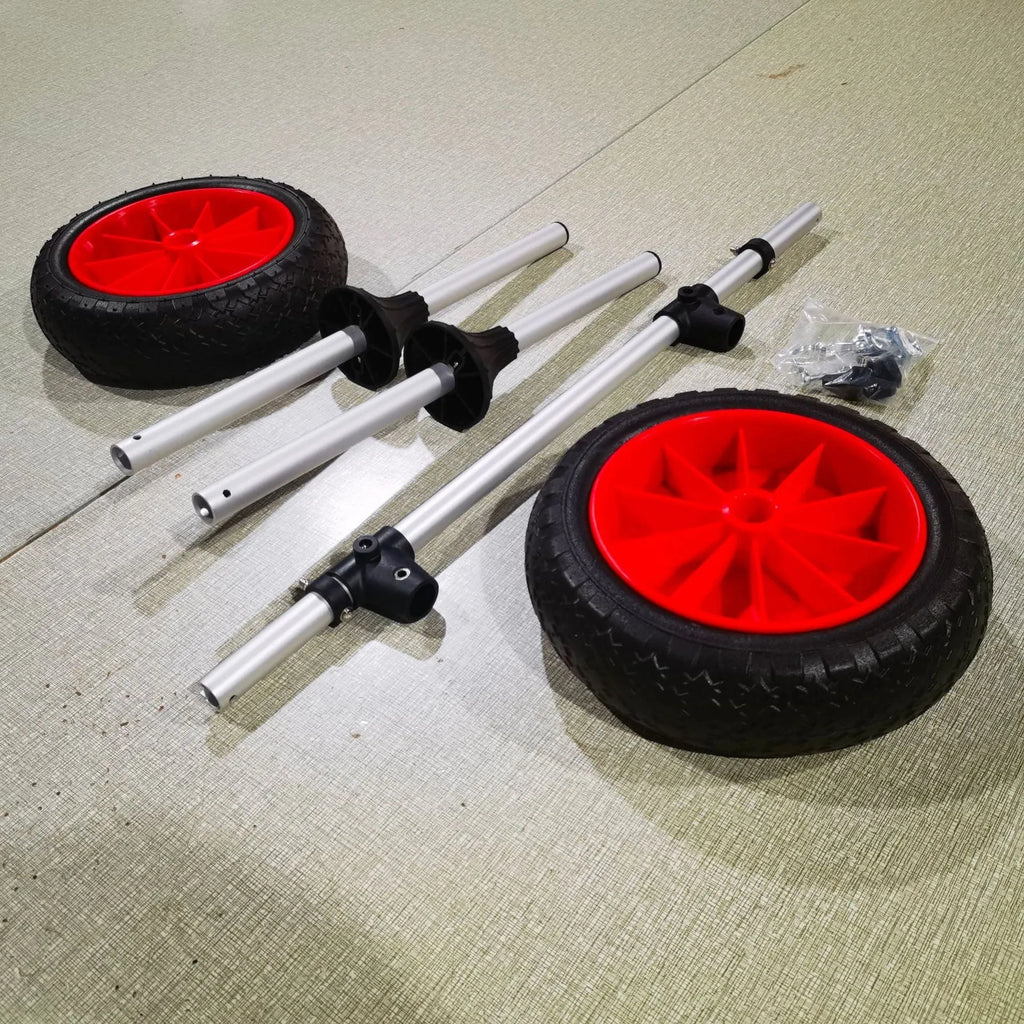 Foldable aluminium kayak trailer with upright pole platform and small cart for transport.