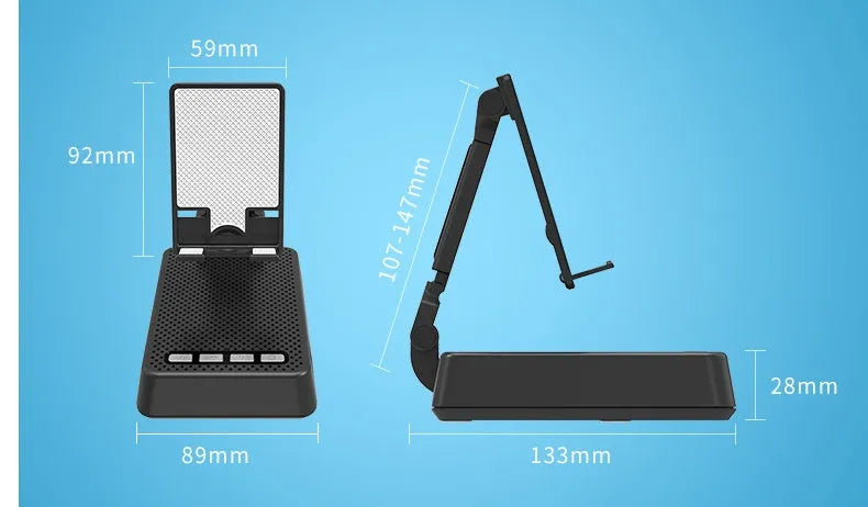 Black mobile phone broadcaster stand with integrated Bluetooth speaker and HD microphone on a desk.