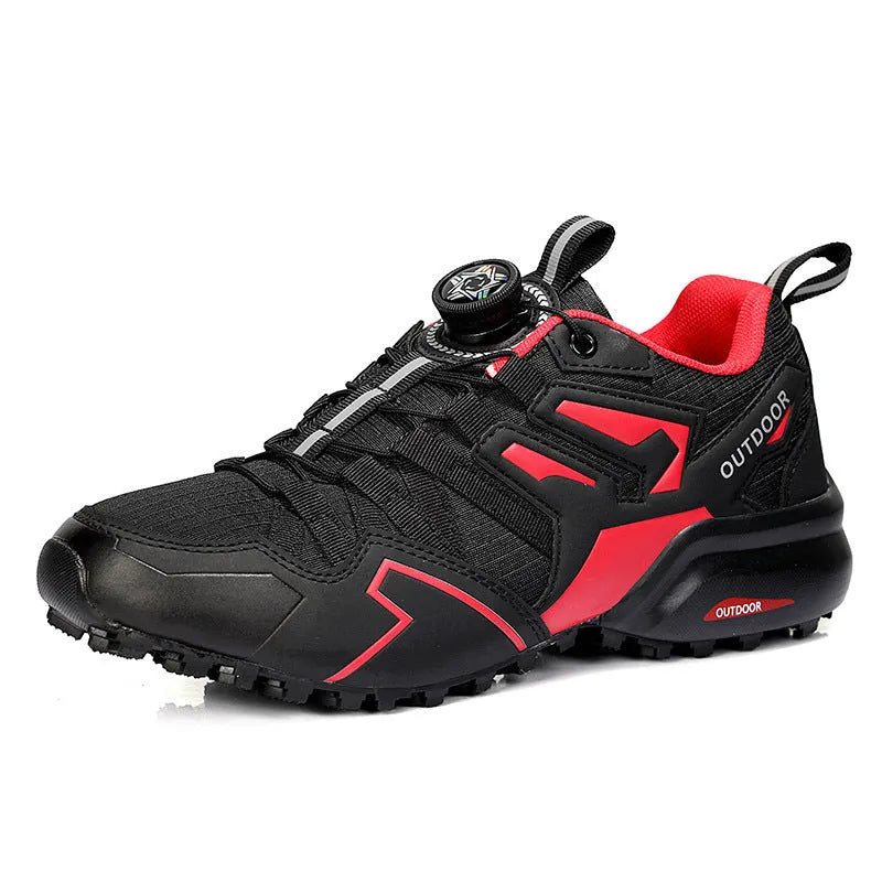 Men's beige off-road hiking shoe with an elastic band closure and natural rubber sole.