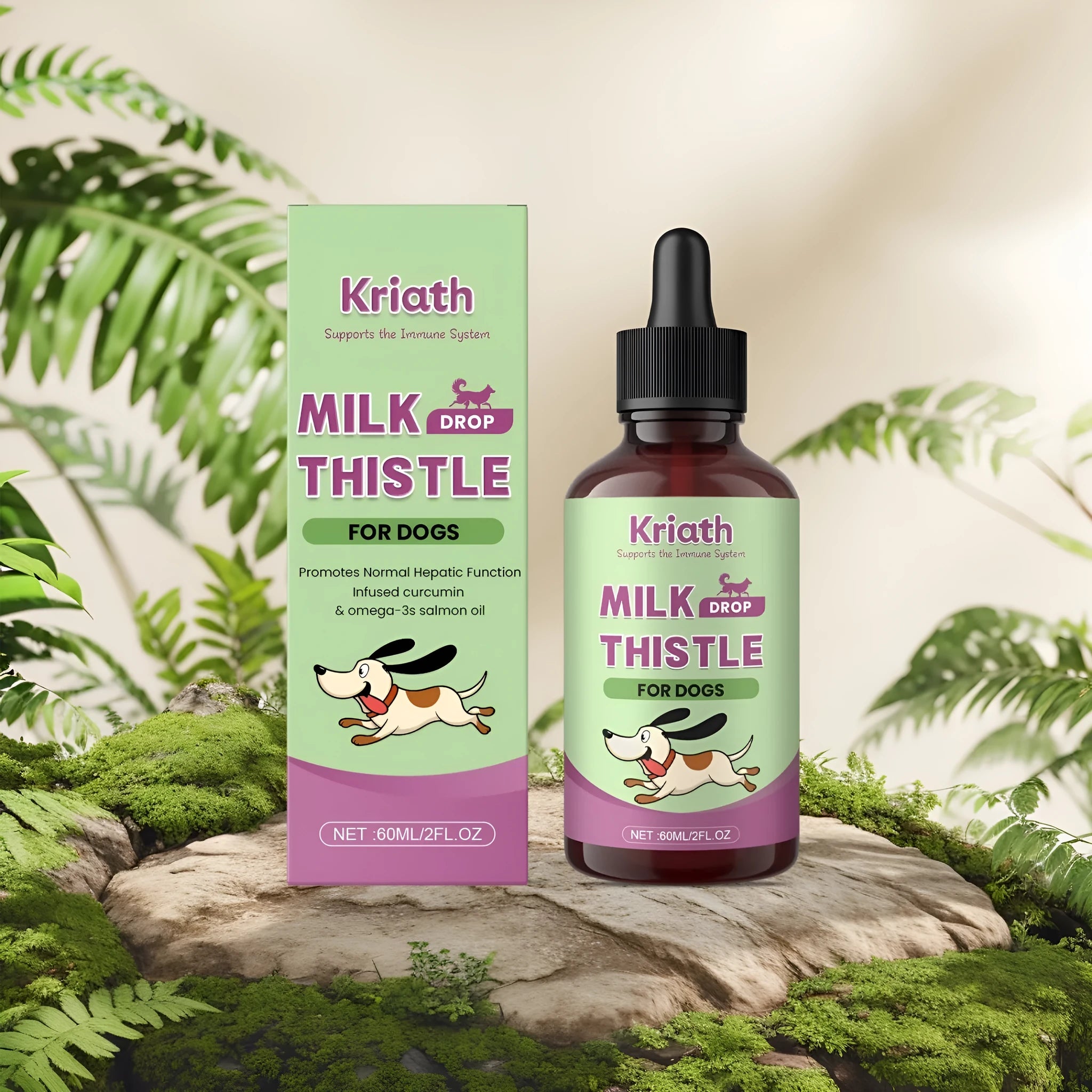 60ml bottle of liquid dog supplement containing milk thistle extract, turmeric and Omega-3 fatty acids