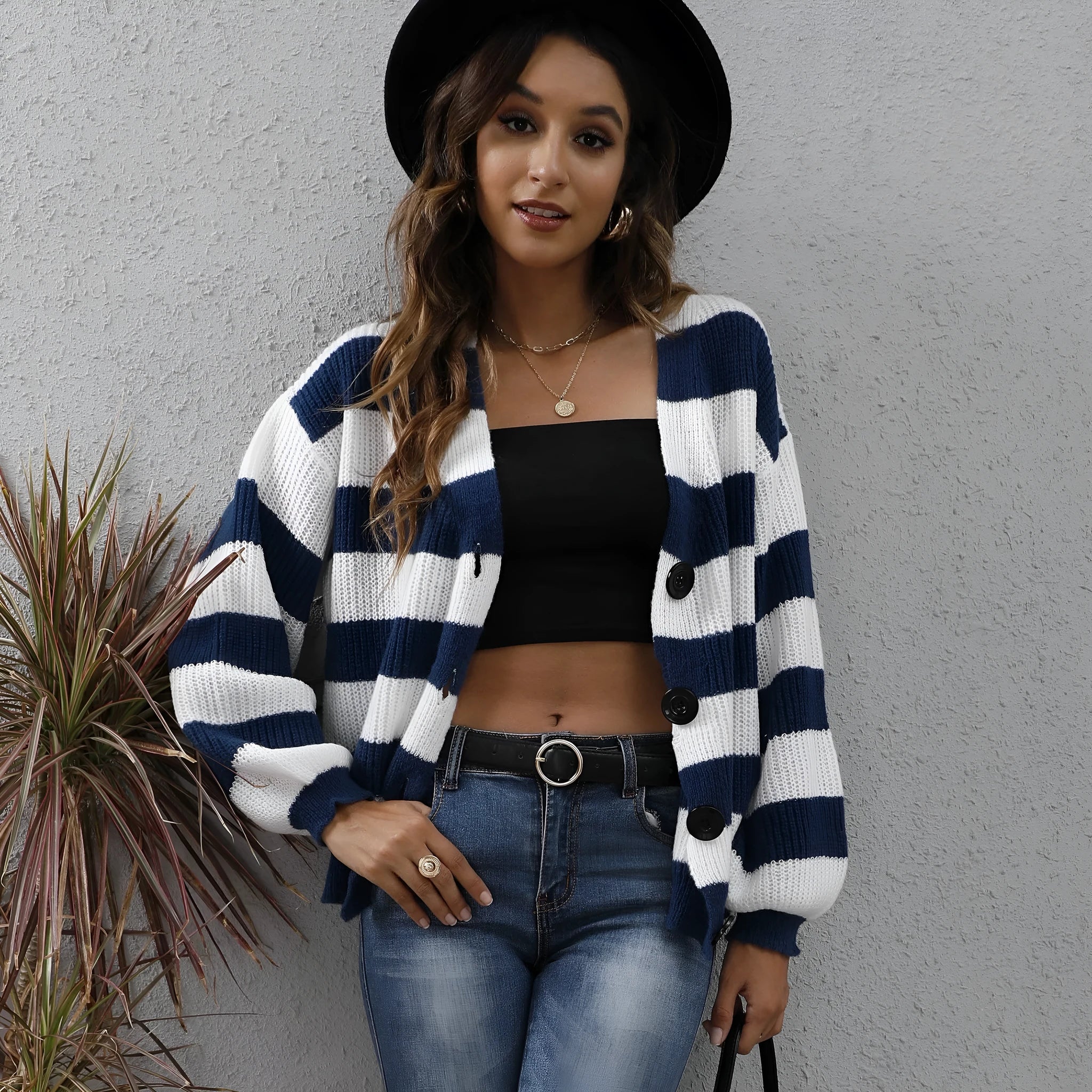 Women's striped cardigan with button front in deer plush fabric, shown in available colours