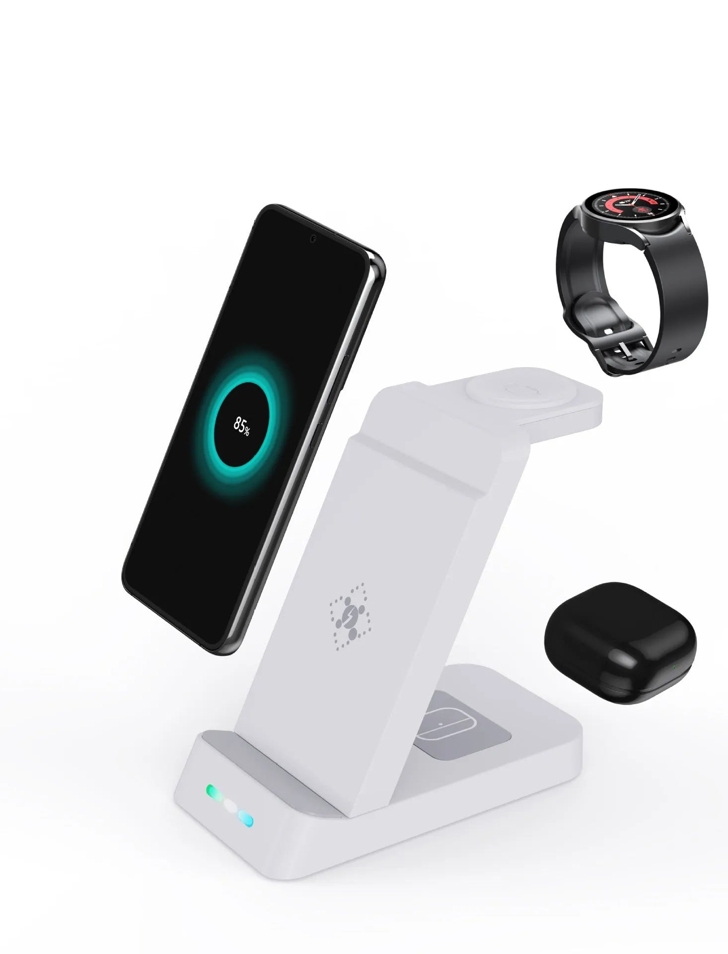 Black and white 65W three-in-one wireless charging dock for iPhone, Samsung, AirPods, and iWatch on a desk.