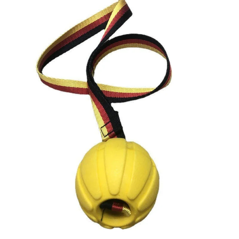 Yellow and camouflage EVA foam floating tetherball dog toys in 6.5cm, 7cm, and 9cm sizes.