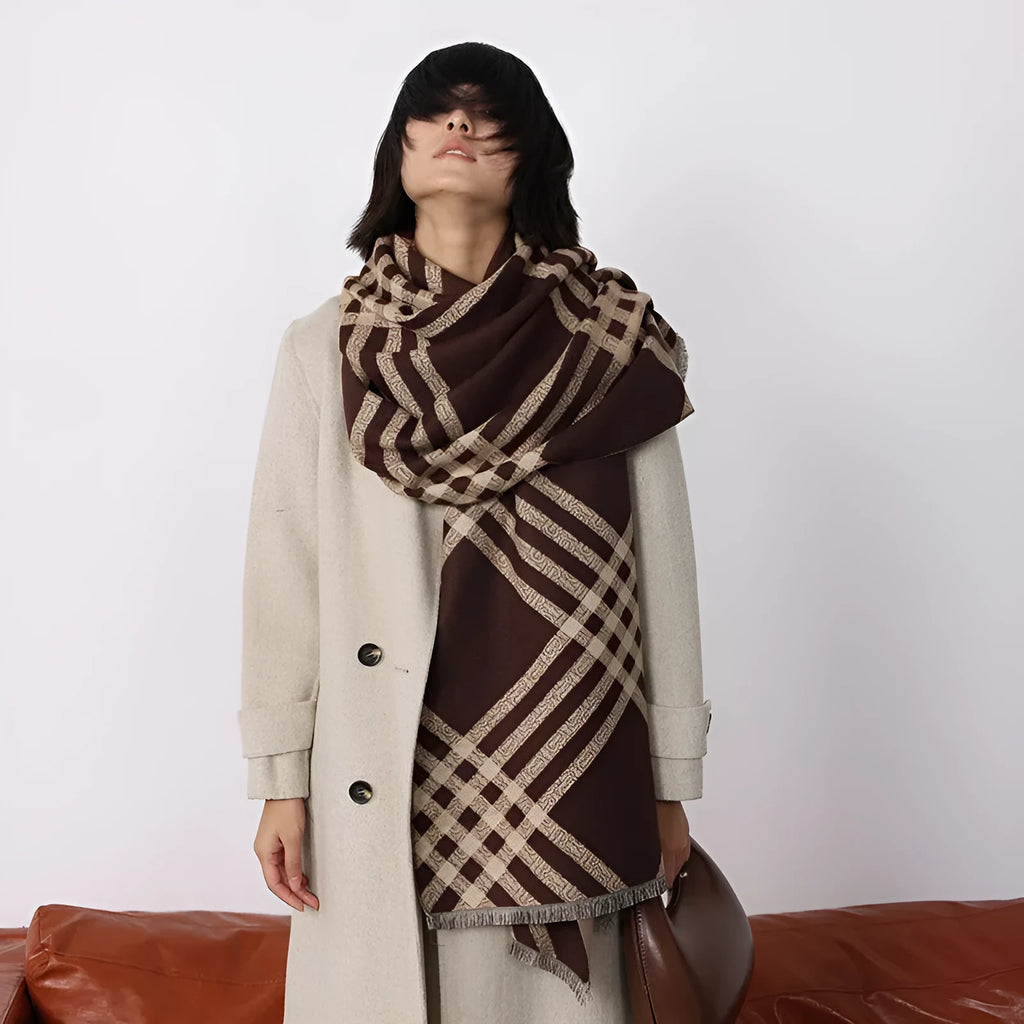 Imitation cashmere scarf with tassels in brown colour showing 185cm length