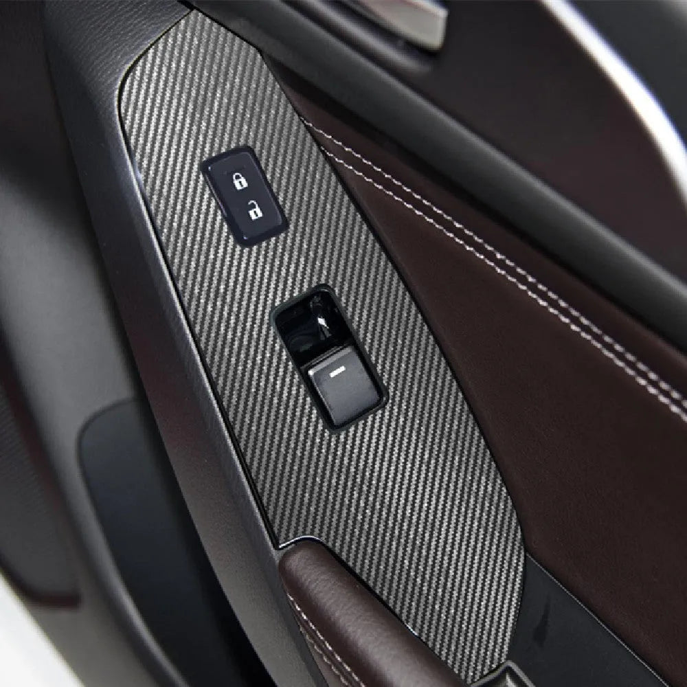 Four TPU protective films for 2014-2019 car door control panels in clear, carbon fibre black and matte black finishes