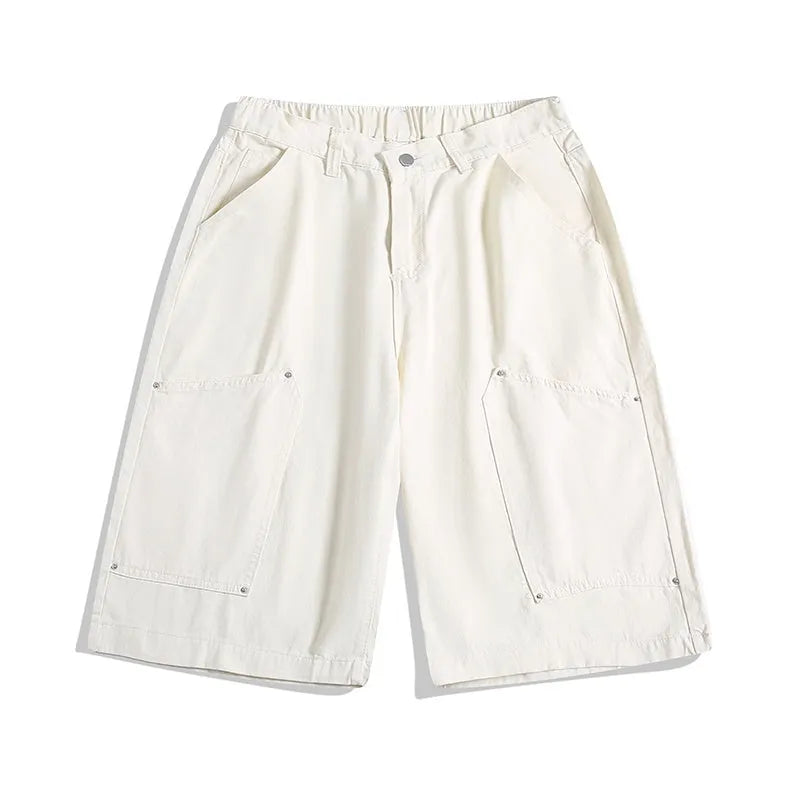 Casual wide-leg cropped workwear pants in apricot colour with elastic mid waist and rivet detailing