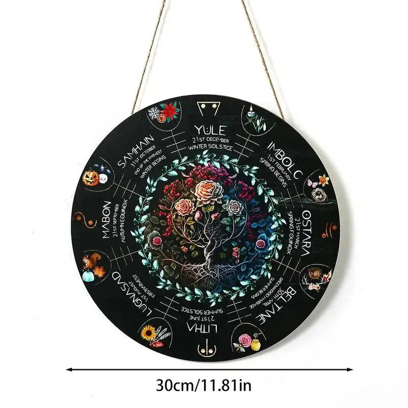 Boxwood wooden decorative pendant hanging, showing disc design options including owl and rose.
