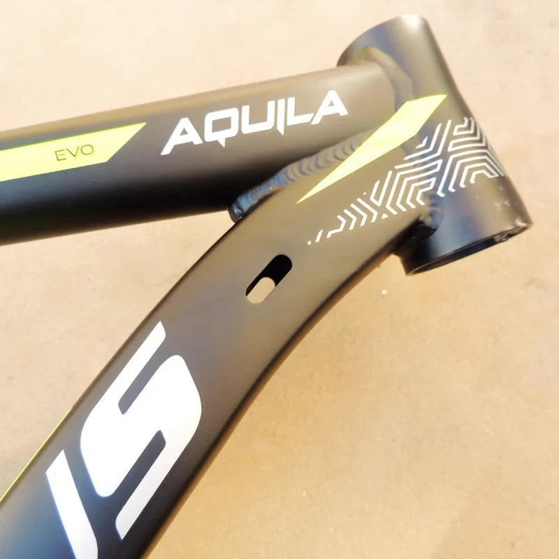 Black Green 29-inch aluminium mountain bike frame with disc brake mounts and inner line routing.