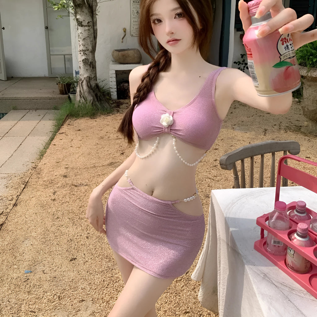 Women's pink and black three-piece polyester bikini swimsuit for swimming and hot springs