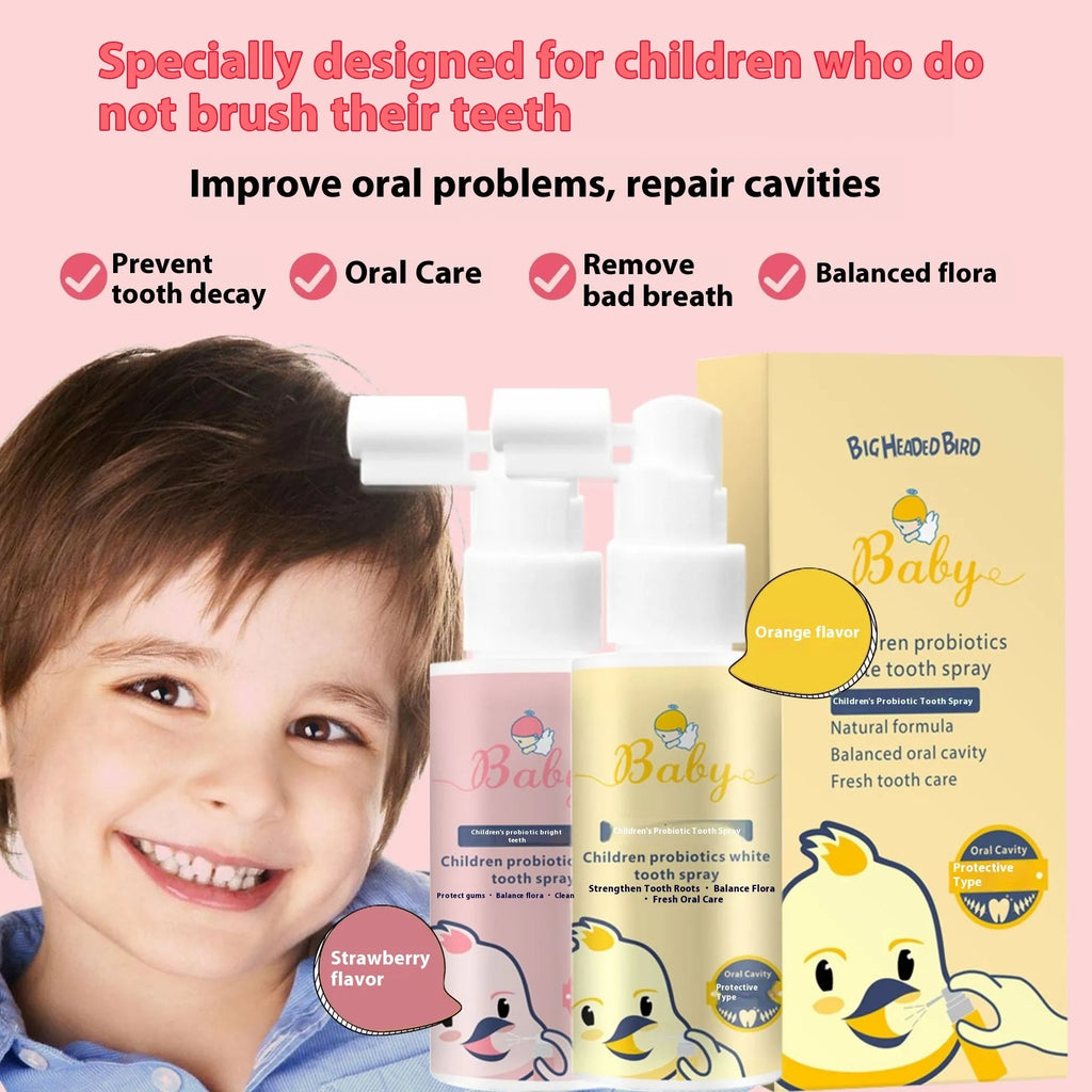 Children's probiotics white teeth cleaning spray bottle in strawberry and orange flavours for anticavity protection