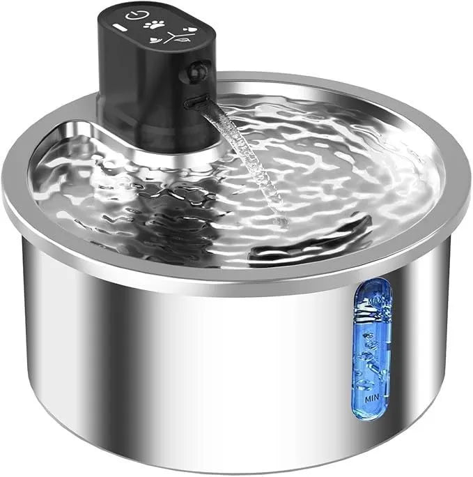 White stainless steel pet water fountain with digital temperature control base for cats and dogs