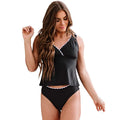 Black women's one-piece swimsuit with split leg design and sleeveless cut