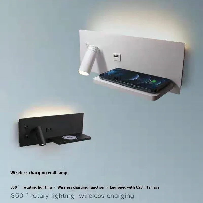 Modern bedside wall lamp with wireless charging base and warm LED light in iron shade