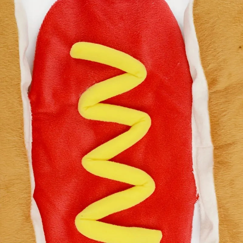 Brown and beige stuffed hot dog dog costume outfit on small dog for winter clothing and party cosplay