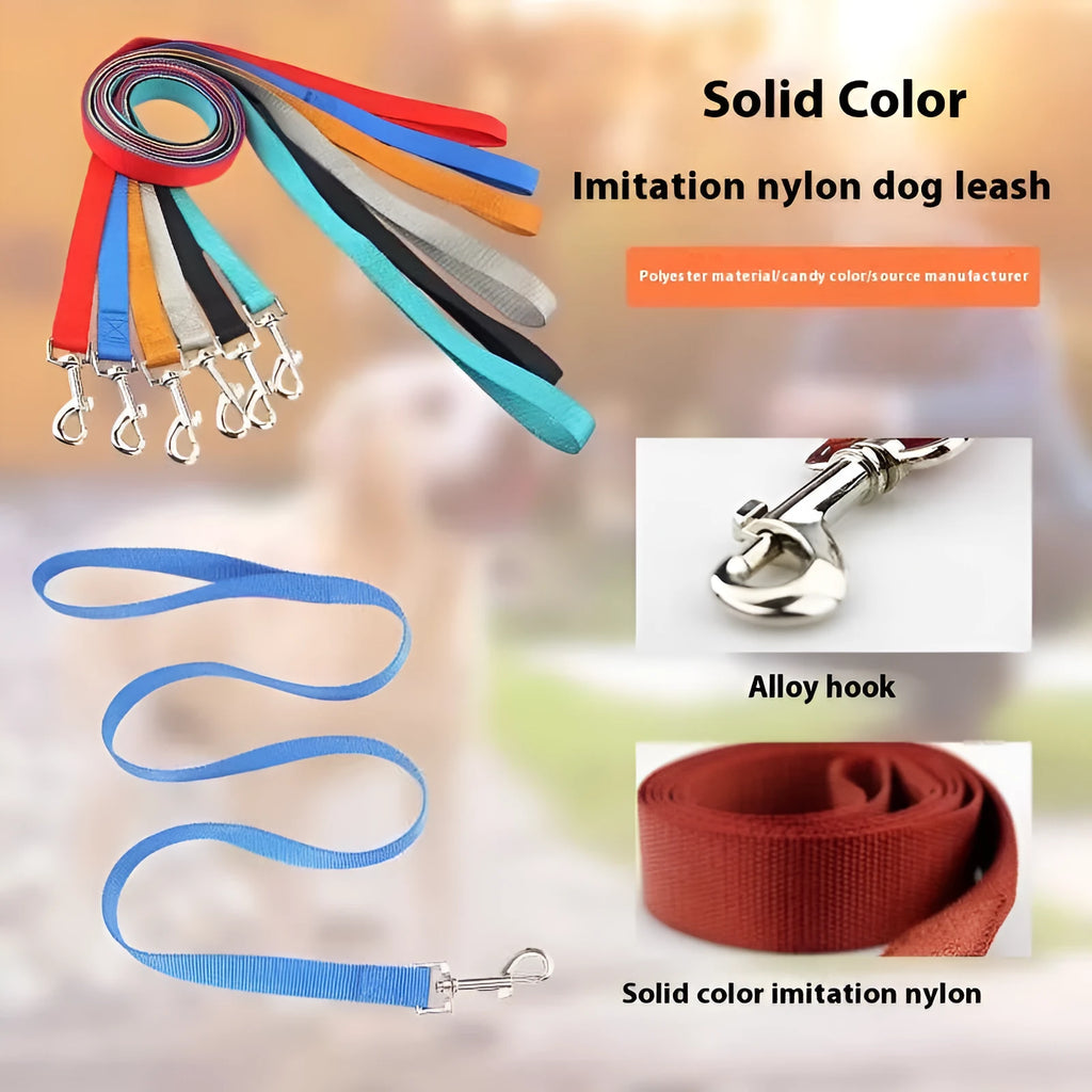 Solid colour polyester dog walking rope held in a hand, showing one of twelve colour options and its simple rope design.