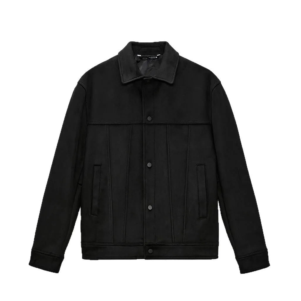 Men's black hooded jacket with suede collar showing front view with pockets