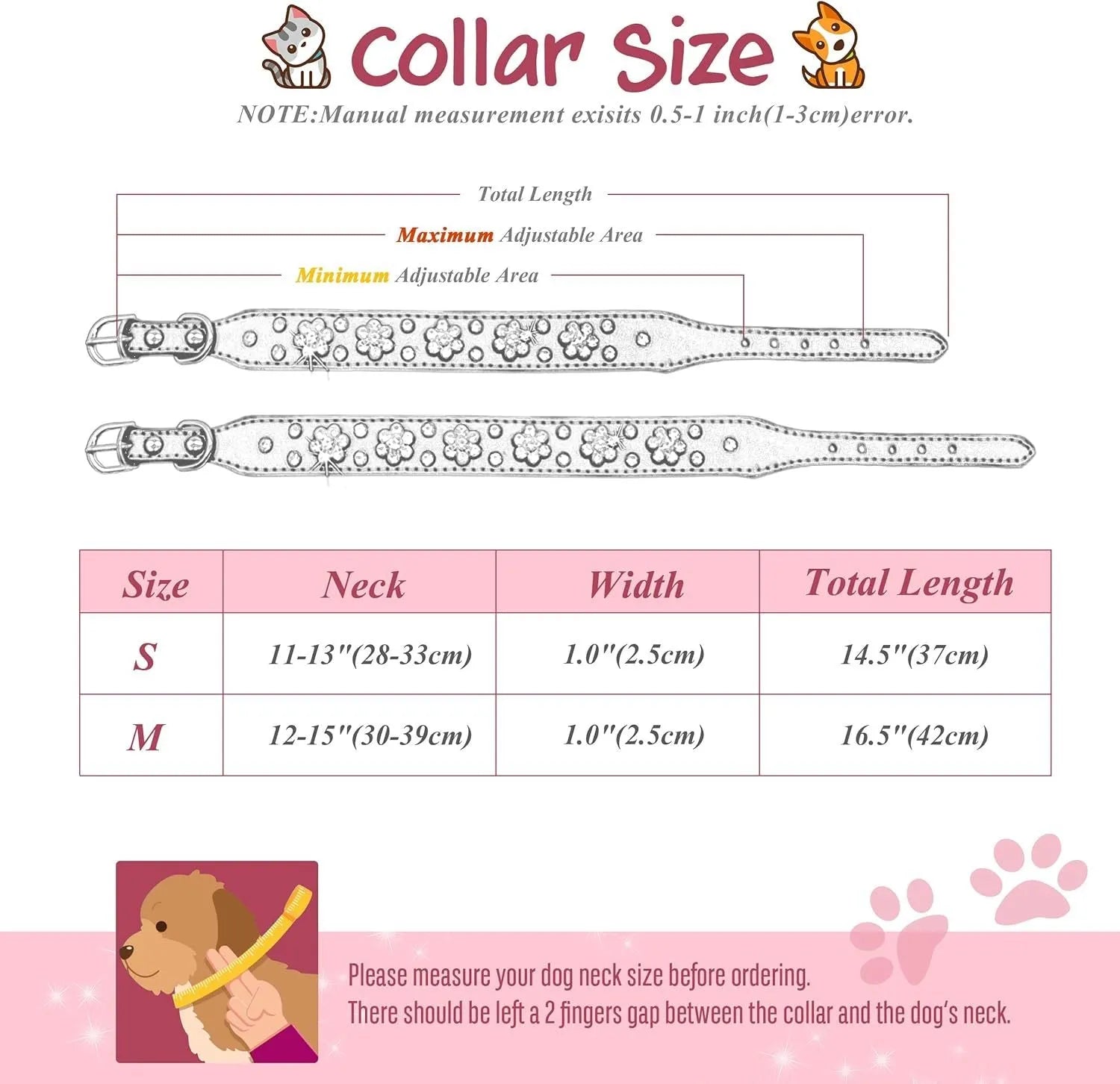 A pink PU leather dog collar studded with silver rhinestone flowers and a metal D-ring.