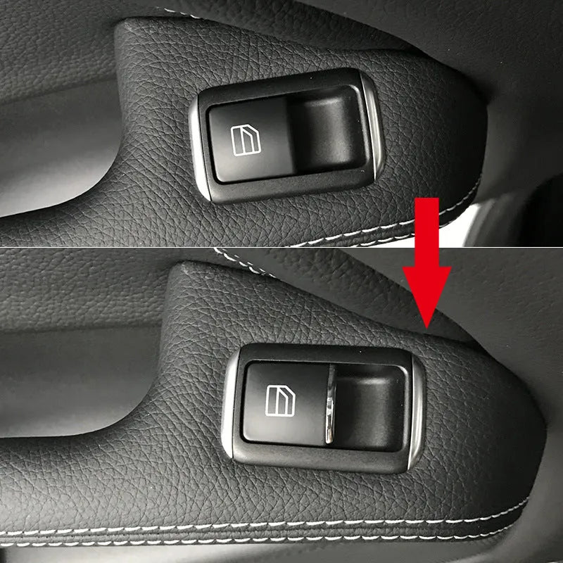 Black glitter decorative sticker for car window lift button modification on a dark background.