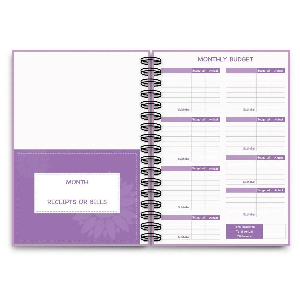 Purple coil-bound budget book set with pen, stickers and paper clips for financial planning