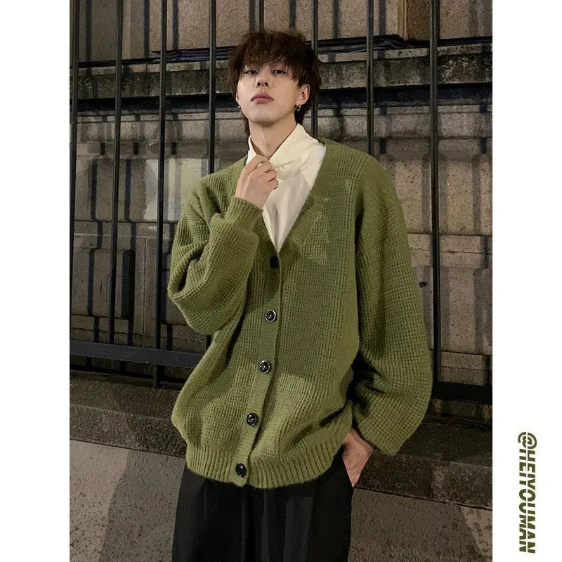 Men's loose fit V-neck knitting cardigan in a cotton blend fabric, shown in Army Green.