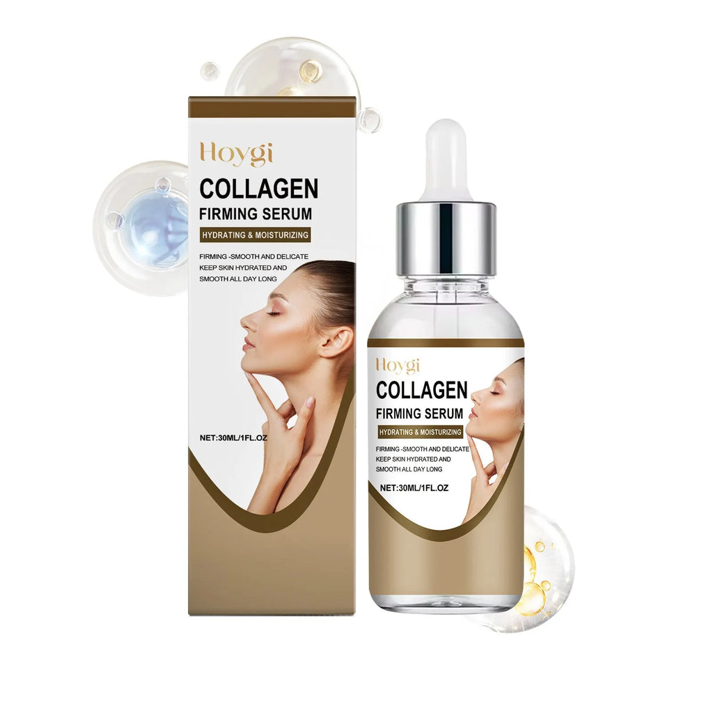 Collagen firming care solution 30ml container showing 2.8cm × 2.8cm × 10.3cm dimensions with hyaluronic acid and glycerol formula