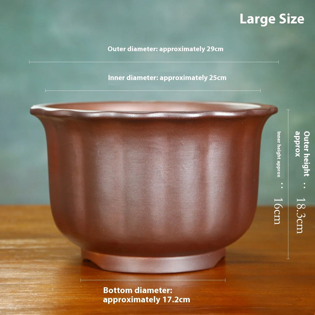 Indoor antique carved ceramic flower pot in purple sand with wood burning finish