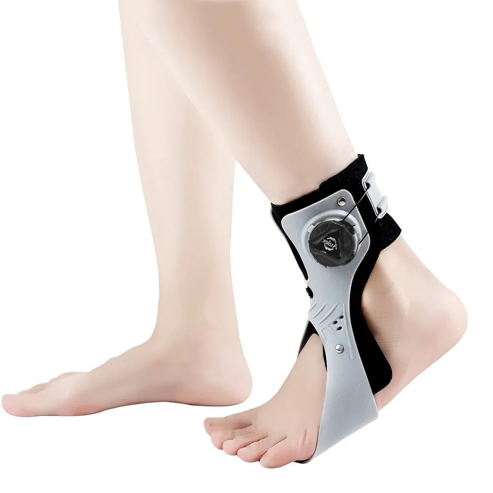 Adjustable airbag button ankle support brace shown in grey colour, designed for left or right foot.