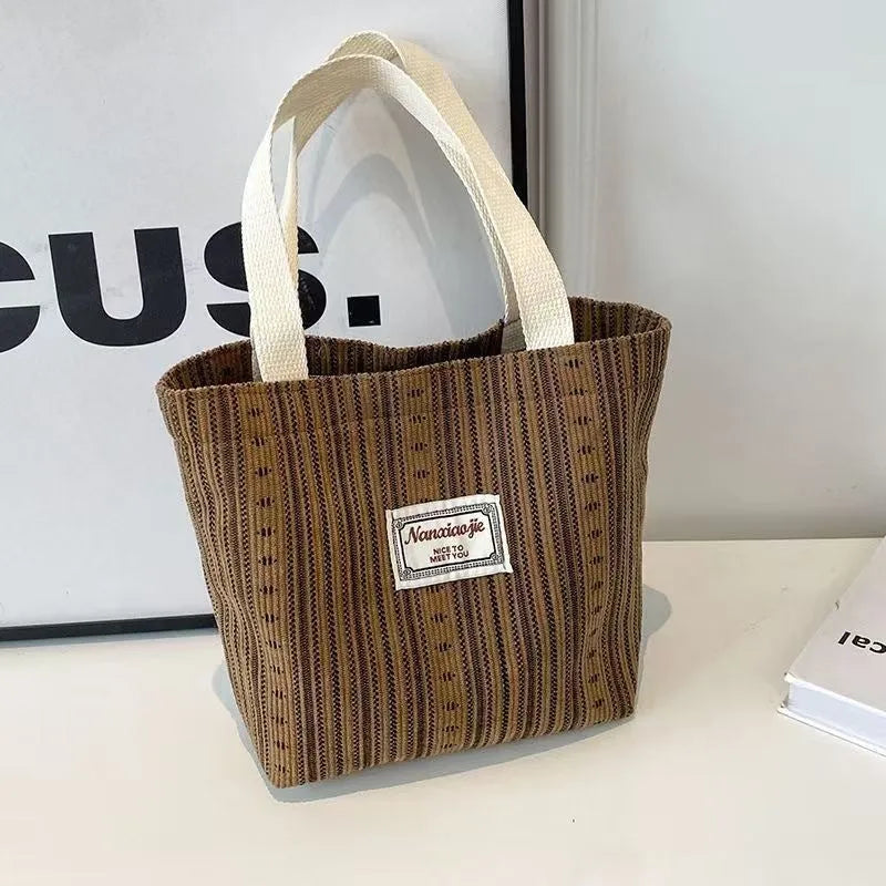 Japanese style corduroy handbag with large capacity and internal organisers in dark brown colour