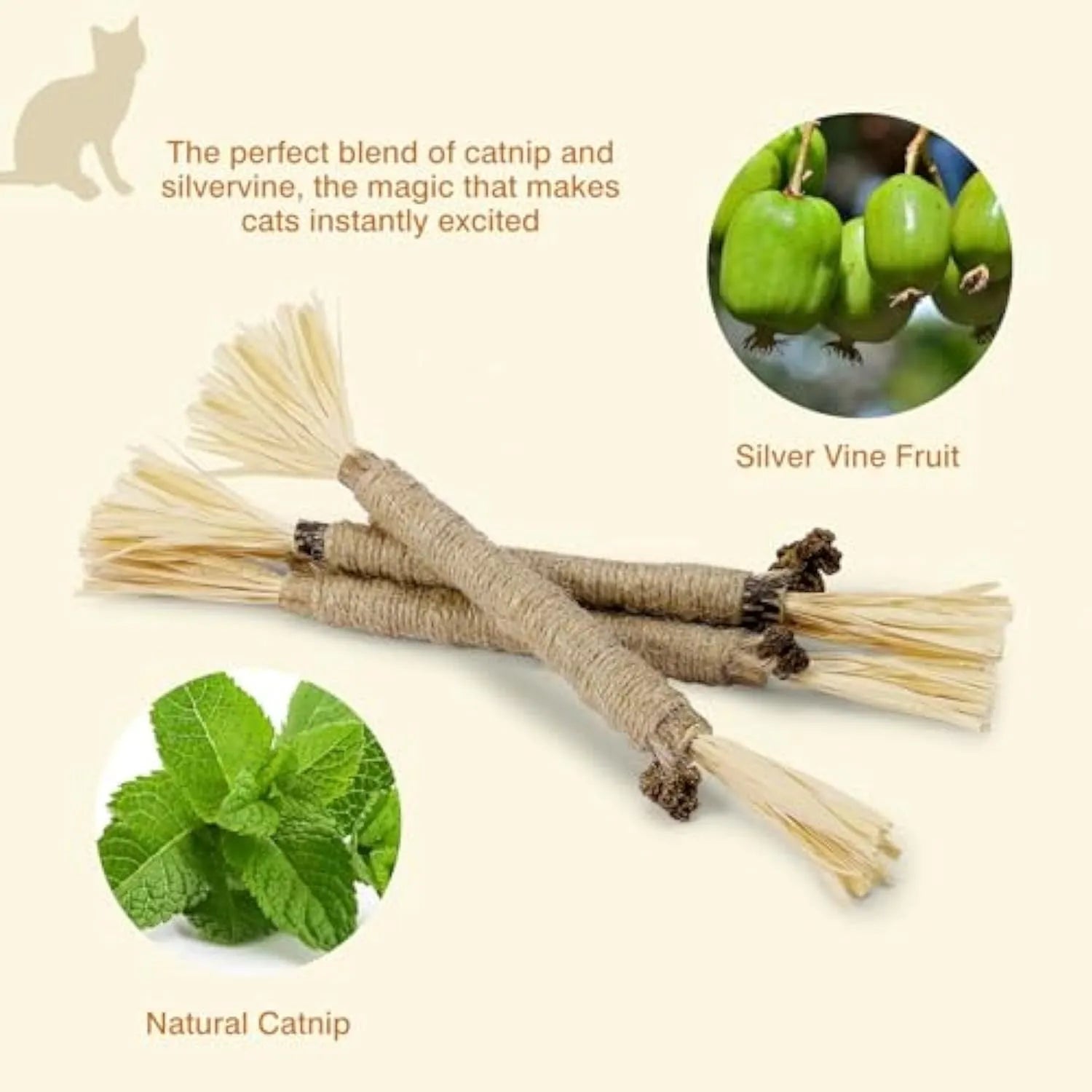 Three natural silvervine chew sticks for cats on wooden surface