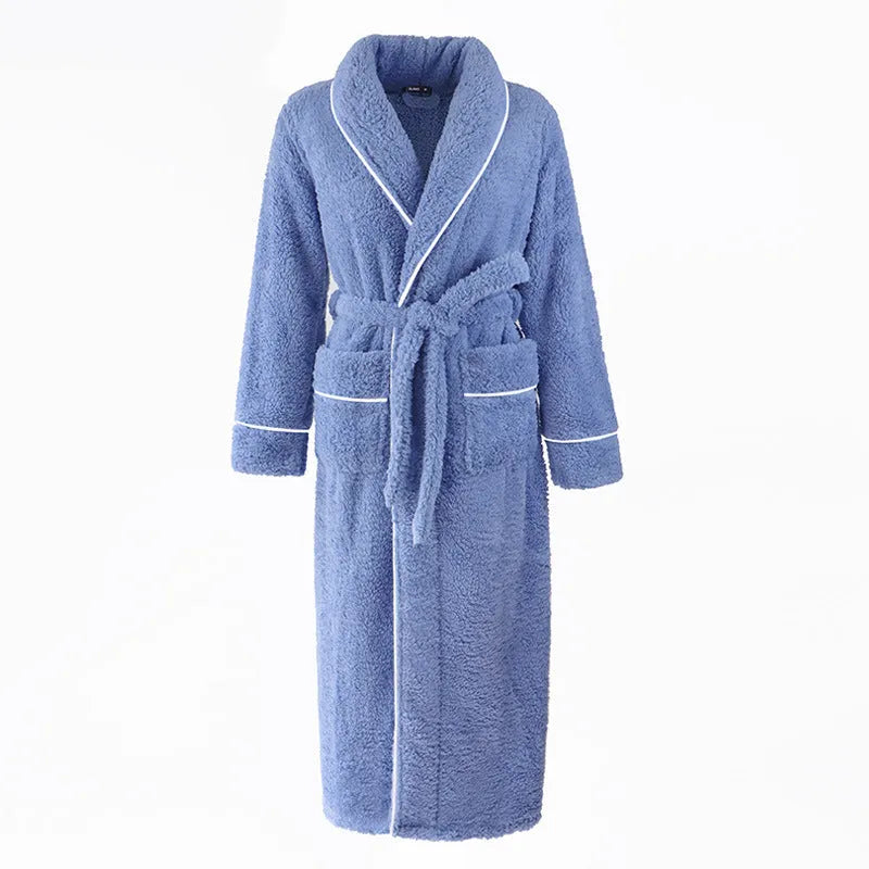 Man and woman wearing a matching thick flannel couple's bathrobe set in a winter colour.