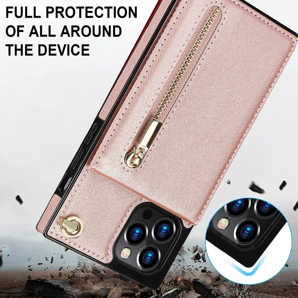 Leather and TPU mobile phone case in black, shown on a compatible smartphone.